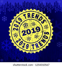 Grunge round 2019 Trends rosette stamp seal for 2019 winter. Vector 2019 Trends rubber print imitation for New Year and Christmas purposes.