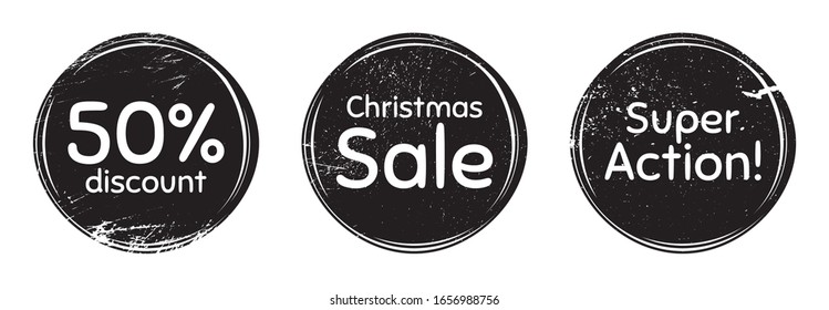 Grunge round black frames, banners. Super action, 50% discount and christmas sale phrases. Sale shopping text. Grunge post stamps. Banners with distress textures. Scratches circles. Vector