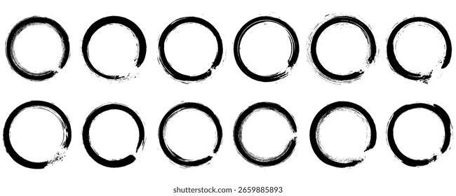 Grunge round and circle stamp frame set with rough ink borders, hand drawn rubber stamp style, empty shapes for graphic design template or poster layout