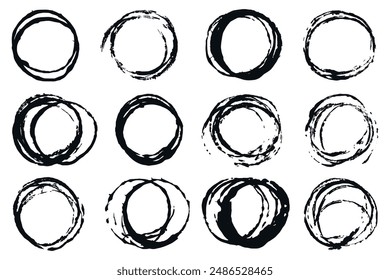 Grunge round circles. Hand draw grunge brush stroke paint circles set