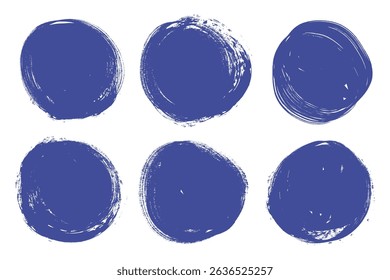 Grunge round circles stamps, hand painted, isolated on white background. Blue hand draw grunge brush stroke paint circles set. 