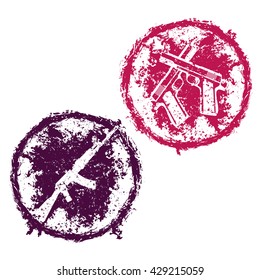 grunge round emblems, t-shirt prints with crossed pistols and assault rifle isolated on white, vector illustration