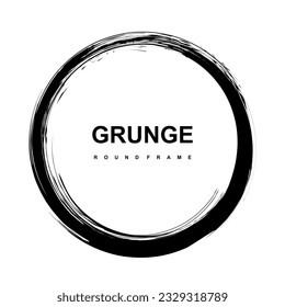 Grunge round frame with brush stroke. Hand drawn black circle with text copy space for message, mark, icon, banner, label and badge. Design element isolated on white background. Vector illustration