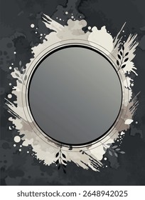 Grunge Round Frame with Ink Splashes and Leaves