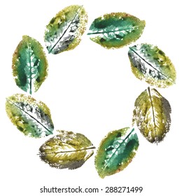 Grunge round frame made of green leaves prints on white background. Vector illustration.