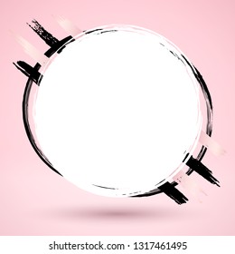 Grunge round frame. Place for text or logo. Paint stain. Ink splash. Acrylic spot. Circle framing. Grungy texture. Abstract shape. Pastel pink. Minimalism.