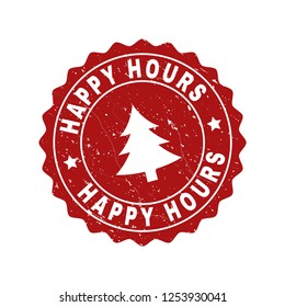 Grunge round Happy Hours stamp seal with fir-tree. Vector Happy Hours rubber seal imitation for New Year and Christmas purposes. Red colored rosette with grunge style.