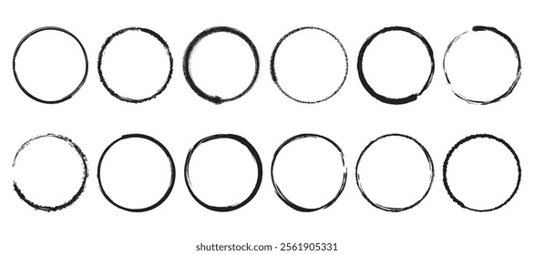 Grunge round ink shapes set. Collection of circular black rough shapes. Simple circle frame clip art. Vector graphics