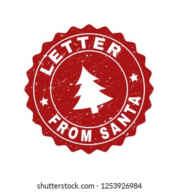 Grunge round Letter from Santa stamp seal with fir-tree. Vector Letter from Santa rubber seal imitation for New Year and Christmas purposes. Red colored rosette with grunge effect.