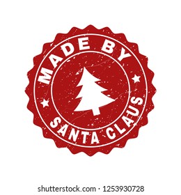 Grunge round Made by Santa Claus stamp seal with fir-tree. Vector Made by Santa Claus rubber seal imitation for New Year and Christmas purposes. Red colored rosette with dirty effect.