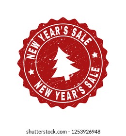 Grunge round New Year'S Sale stamp seal with fir-tree. Vector New Year'S Sale rubber seal imitation for New Year and Christmas purposes. Red colored rosette with grunge surface.