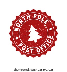 Grunge round North Pole Post Office stamp seal with fir-tree. Vector North Pole Post Office rubber seal imitation for New Year and Christmas purposes. Red colored rosette with grunge style.