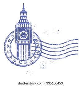 Grunge round stamp with Big Ben - landmark of London