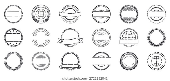 Colección de ilustración de marcos de sellos redondos de grunge en negro. Conjunto de insignias circulares angustiadas y Plantillas de etiquetas