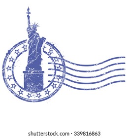 Grunge round stamp with Statue of Liberty - landmark of New York and USA