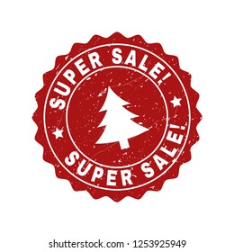 Grunge round Super Sale! stamp seal with fir-tree. Vector Super Sale! rubber seal imitation for New Year and Christmas purposes. Red colored rosette with grunge texture.