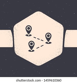 Grunge Route location icon isolated on grey background. Map pointer sign. Concept of path or road. GPS navigator. Monochrome vintage drawing. Vector Illustration