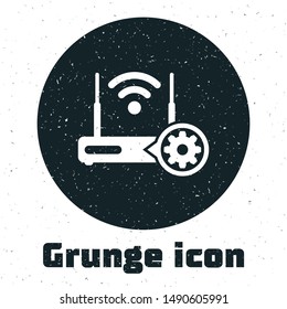 Grunge Router and wi-fi signal and gear icon isolated on white background. Adjusting app, service concept, setting options, maintenance, repair, fixing.  Vector Illustration