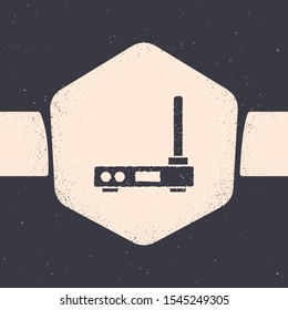 Grunge Router and wi-fi signal symbol icon isolated on grey background. Wireless ethernet modem router. Computer technology internet. Monochrome vintage drawing. Vector Illustration