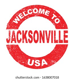 A grunge rubber ink stamp with the text Welcome To Jacksonville USA over a white background