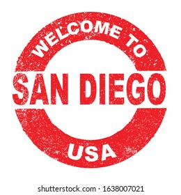 A grunge rubber ink stamp with the text Welcome To San Diego USA over a white background