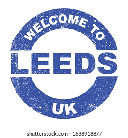 A grunge rubber ink stamp with the text Welcome To Leeds UK over a white background