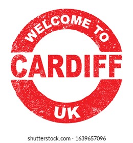 A grunge rubber ink stamp with the text Welcome To Cardiff UK over a white background