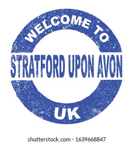 A grunge rubber ink stamp with the text Welcome To Stratford Upon Avon UK over a white background