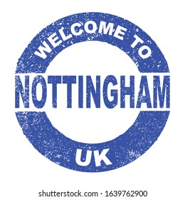 A grunge rubber ink stamp with the text Welcome To Nottingham UK over a white background