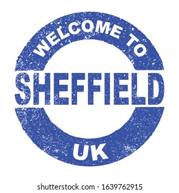 A grunge rubber ink stamp with the text Welcome To Sheffield UK over a white background