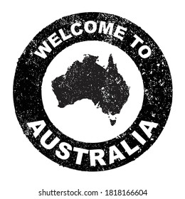 A grunge rubber ink stamp with the text Welcome To Australia with map over a white background