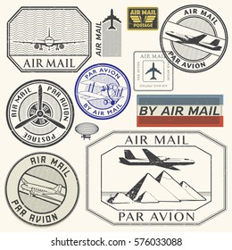 Grunge rubber ink stamps set with plane and the text air mail, par avion written inside the stamp, vector illustration