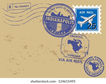 Grunge rubber post stamps set with name of Indiana, Indianapolis, vector illustration