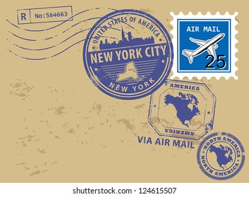 Grunge rubber post stamps set with name of New York, New York City, vector illustration