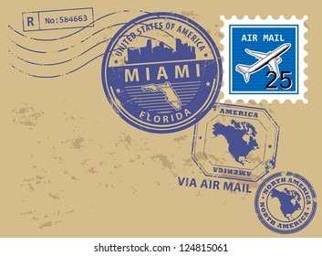Grunge rubber post stamps set with name of Florida, Miami, vector illustration