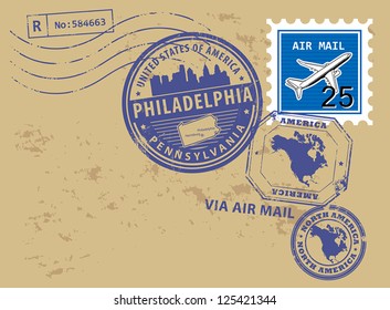 Grunge rubber post stamps set with name of Pennsylvania, Philadelphia, vector illustration