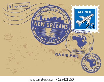 Grunge rubber post stamps set with name of Louisiana, New Orleans, vector illustration