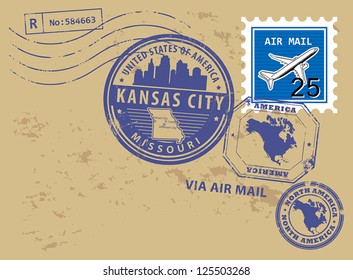 Grunge rubber post stamps set with name of Missouri, Kansas City, vector illustration