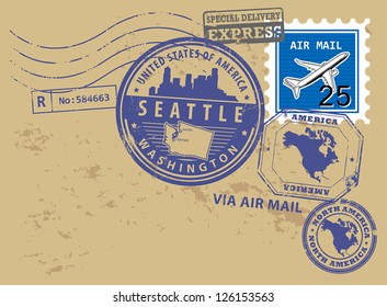 Grunge rubber post stamps set with name of Washington, Seattle, vector illustration