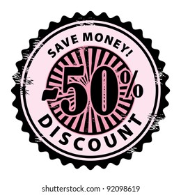 Grunge rubber stamp with 50% and the text discount, save money inside, vector illustration