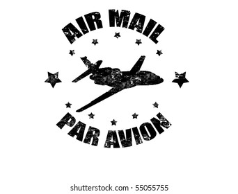 Grunge rubber stamp with aircraft shape and the text air mail par avion written inside