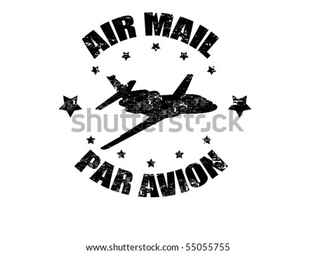 Grunge rubber stamp with aircraft shape and the text air mail par avion written inside