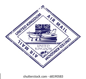 Grunge rubber stamp with airplane and the word Air Mail, United Kingdom inside, vector illustration