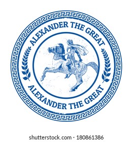 Grunge rubber stamp with Alexander the Great riding his horse statue at Thessaloniki Greece