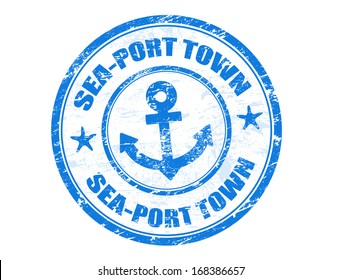 Sello de goma ondulada con ancla y texto Ciudad puerto mar escrito en su interior, ilustración vectorial