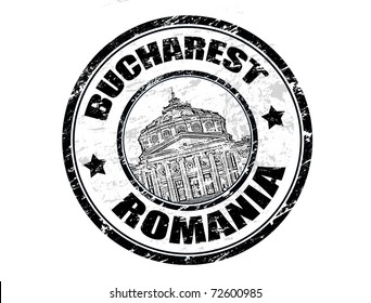 Grunge rubber stamp with the athenaeum shape and the name Bucharest written inside the stamp