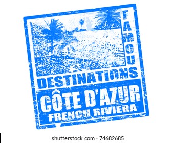 Grunge rubber stamp with beach, palms and the word Cote D'Azur inside, vector illustration