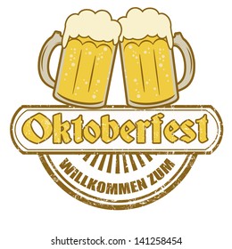 Grunge rubber stamp with beer mugs and the text Oktoberfest written inside, vector illustration