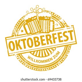 Grunge rubber stamp with beer mugs and the text Oktoberfest written inside the stamp, vector illustration