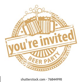 Grunge rubber stamp, with the Beer Mugs and text You're Invited Beer Party written inside, vector illustration